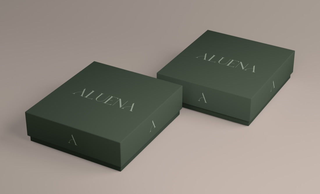Caixas de presente ALUENA em verde musgo com anel solitário